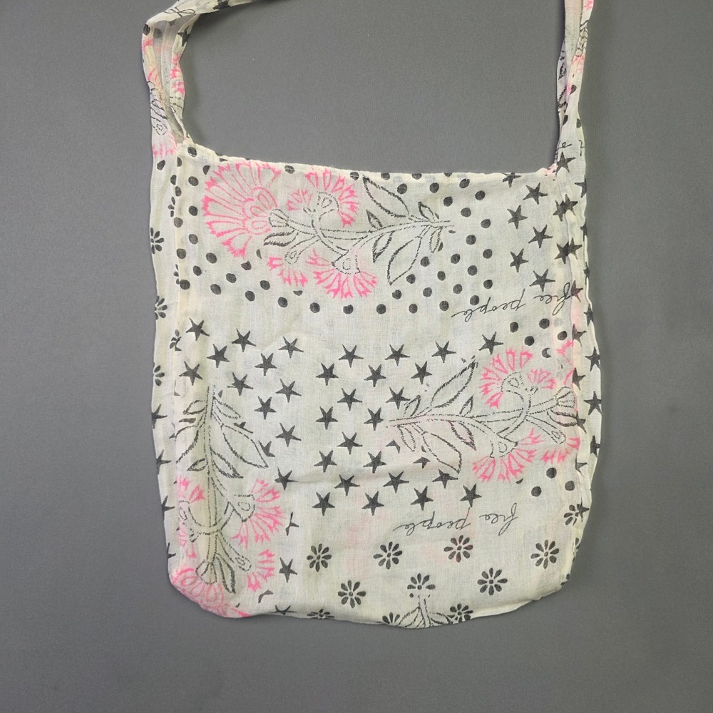 Free People Floral Star Polka Dot Cotton Reusable Tote Bag Ivory Pink Black - Picture 8 of 8